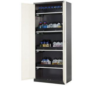 Szafa na chemikalia asecos® CS-CLASSIC, z 4 wysuwanymi półkami i wanienką PP, wys. x szer. x gł. 1950 x 810 x 520 mm, kolor czystobiały