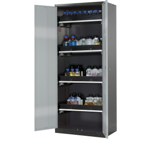Szafa na chemikalia asecos® CS-CLASSIC, z 4 wysuwanymi półkami i wanienką PP, wys. x szer. x gł. 1950 x 810 x 520 mm, kolor srebrny