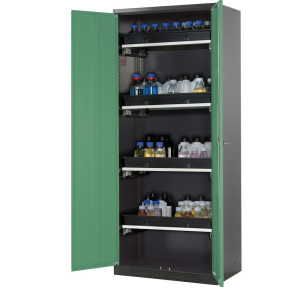Szafa na chemikalia asecos® CS-CLASSIC, z 4 wysuwanymi półkami i wanienką PP, wys. x szer. x gł. 1950 x 810 x 520 mm, kolor seledynowozielony