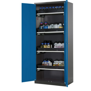 Szafa na chemikalia asecos® CS-CLASSIC, z 4 wysuwanymi półkami i wanienką PP, wys. x szer. x gł. 1950 x 810 x 520 mm, kolor gencjanowy niebieski