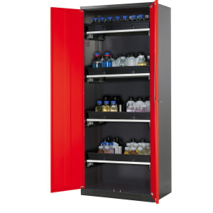 Szafa na chemikalia asecos® CS-CLASSIC, z 4 wysuwanymi półkami i wanienką PP, wys. x szer. x gł. 1950 x 810 x 520 mm, kolor czerwony