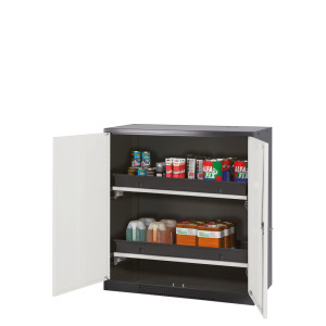 Szafa na chemikalia asecos® CS-CLASSIC, z 2 wysuwanymi półkami i wanienką PP, wys. x szer. x gł. 1105 x 1055 x 520 mm, kolor srebrny
