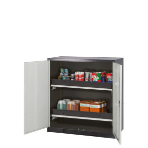 Szafa na chemikalia asecos® CS-CLASSIC, z 2 wysuwanymi półkami i wanienką PP, wys. x szer. x gł. 1105 x 1055 x 520 mm, jasnoszara