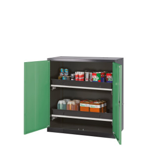 Szafa na chemikalia asecos® CS-CLASSIC, z 2 wysuwanymi półkami i wanienką PP, wys. x szer. x gł. 1105 x 1055 x 520 mm, kolor seledynowozielony