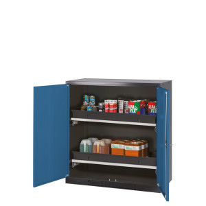Szafa na chemikalia asecos® CS-CLASSIC, z 2 wysuwanymi półkami i wanienką PP, wys. x szer. x gł. 1105 x 1055 x 520 mm, kolor gencjanowy niebieski