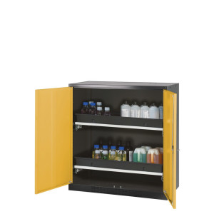 Szafa na chemikalia asecos® CS-CLASSIC, z 2 wysuwanymi półkami i wanienką PP, wys. x szer. x gł. 1105 x 1055 x 520 mm, kolor żółtozłoty