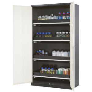 Szafa na chemikalia asecos® CS-CLASSIC, z 4 wysuwanymi półkami i wanienką PP, wys. x szer. x gł. 1950 x 1055 x 520 mm, kolor czystobiały