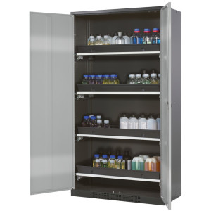 Szafa na chemikalia asecos® CS-CLASSIC, z 4 wysuwanymi półkami i wanienką PP, wys. x szer. x gł. 1950 x 1055 x 520 mm, kolor srebrny