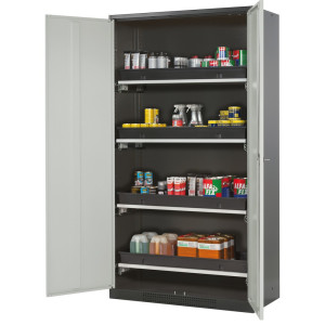 Szafa na chemikalia asecos® CS-CLASSIC, z 4 wysuwanymi półkami i wanienką PP, wys. x szer. x gł. 1950 x 1055 x 520 mm, kolor jasnoszary