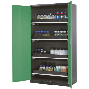 Szafa na chemikalia asecos® CS-CLASSIC, z 4 wysuwanymi półkami i wanienka PP, wys. x szer. x gł. 1950 x 1055 x 520 mm, kolor reseda zielony