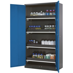 Szafa na chemikalia asecos® CS-CLASSIC, z 4 wysuwanymi półkami i wanienką PP, wys. x szer. x gł. 1950 x 1055 x 520 mm, kolor gencjanowy niebieski