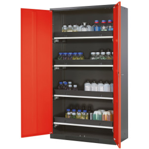 Szafa na chemikalia asecos® CS-CLASSIC, z 4 wysuwanymi półkami i wanienka PP, wys. x szer. x gł. 1950 x 1055 x 520 mm, kolor czerwony