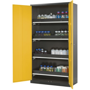 Szafa na chemikalia asecos® CS-CLASSIC, z 4 wysuwanymi półkami i wanienką PP, wys. x szer. x gł. 1950 x 1055 x 520 mm, kolor żółtozłoty
