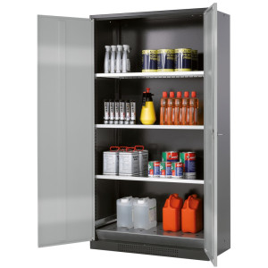 Szafa na chemikalia asecos® CS-CLASSIC, z denną wanną ociekową z blachy dziurkowanej i 3 półkami, wys. x szer. x gł. 1950 x 1055 x 520 mm, srebrna