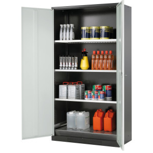 Szafa na chemikalia asecos® CS-CLASSIC, z denną wanną ociekową z blachy dziurkowanej i 3 półkami, wys. x szer. x gł. 1950 x 1055 x 520 mm, jasnoszara