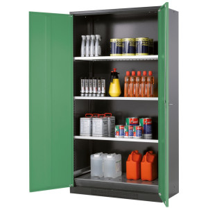 Szafa na chemikalia asecos® CS-CLASSIC, z denną wanną ociekową z blachy dziurkowanej i 3 półkami, wys. x szer. x gł. 1950 x 1055 x 520 mm, kolor seledynowozielony