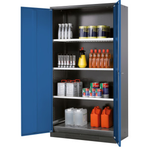 Szafa na chemikalia asecos® CS-CLASSIC, z denną wanną ociekową z blachy dziurkowanej i 3 półkami, wys. x szer. x gł. 1950 x 1055 x 520 mm, kolor gencjanowy niebieski