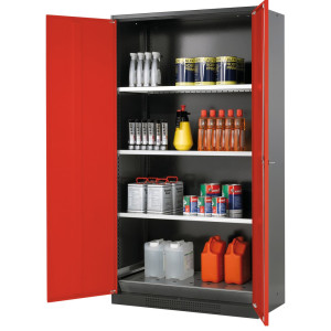 Szafa na chemikalia asecos® CS-CLASSIC, z denną wanną ociekową z blachy dziurkowanej i 3 półkami, wys. x szer. x gł. 1950 x 1055 x 520 mm, kolor czerwony