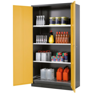 Szafa na chemikalia asecos® CS-CLASSIC, z denną wanną ociekową z blachy dziurkowanej i 3 półkami, wys. x szer. x gł. 1950 x 1055 x 520 mm, kolor żółtozłoty
