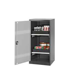 Szafa na chemikalia asecos® CS-CLASSIC, z 2 wysuwanymi półkami i wanną PP, wys. x szer. x gł. 1105 x 545 x 520 mm, srebrna
