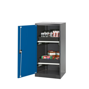 Szafa na chemikalia asecos® CS-CLASSIC, z 2 wysuwanymi półkami i wanną PP, wys. x szer. x gł. 1105 x 545 x 520 mm, kolor gencjanowy niebieski