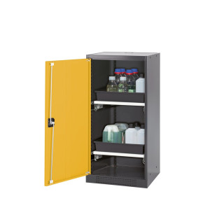 Szafa na chemikalia asecos® CS-CLASSIC, z 2 wysuwanymi półkami i wanną PP, wys. x szer. x gł. 1105 x 545 x 520 mm, kolor złotożółty