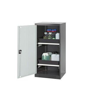 Szafa na chemikalia asecos® CS-CLASSIC, z 2 wysuwanymi półkami i wanienką PP, wys. x szer. x gł. 1105 x 545 x 520 mm, jasnoszara