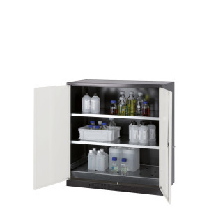 Szafa na chemikalia asecos® CS-CLASSIC, z denną wanną ociekową z blachą dziurkowaną i 2 półkami, wys. x szer. x gł. 1105 x 1055 x 520 mm, kolor srebrny