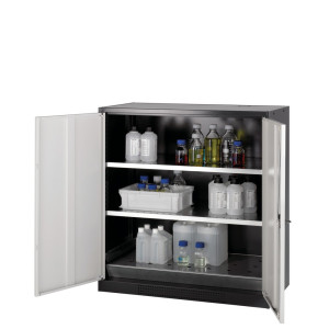 Szafa na chemikalia asecos® CS-CLASSIC, z denną wanną ociekową z blachą dziurkowaną i 2 półkami, wys. x szer. x gł. 1105 x 1055 x 520 mm, kolor jasnoszary