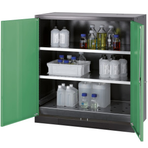 Szafa na chemikalia asecos® CS-CLASSIC, z denną wanną ociekową z blachą dziurkowaną i 2 półkami, wys. x szer. x gł. 1105 x 1055 x 520 mm, kolor seledynowozielony
