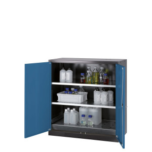 Szafa na chemikalia asecos® CS-CLASSIC, z denną wanną ociekową z blachą dziurkowaną i 2 półkami, wys. x szer. x gł. 1105 x 1055 x 520 mm, kolor gencjanowy niebieski