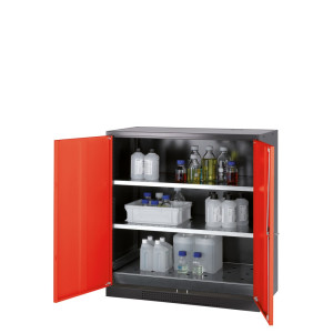 Szafa na chemikalia asecos® CS-CLASSIC, z denną wanną ociekową z blachą dziurkowaną i 2 półkami, wys. x szer. x gł. 1105 x 1055 x 520 mm, kolor czerwony