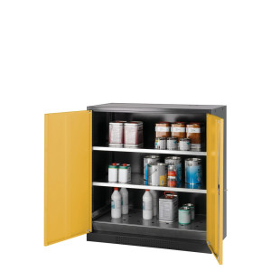 Szafa na chemikalia asecos® CS-CLASSIC, z denną wanną ociekową z blachy dziurkowanej i 2 półkami, wys. x szer. x gł. 1105 x 1055 x 520 mm, kolor żółtozłoty