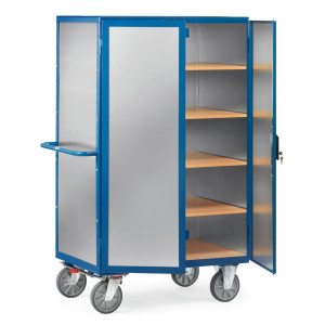 Wózek z szafką fetra®, zamknięty, z drzwiami dwuskrzydłowymi, blacha aluminiowa, 5 pięter po 1200 × 780 mm