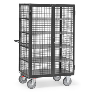 Wózek z szafką fetra®, udźwig 750 kg, ściany kratowe, z drzwiami dwuskrzydłowymi, 5 poziomów o wymiarach 1 000 × 680 mm, kolor szary antracytowy