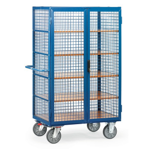 Wózek z szafką fetra®, udźwig 750 kg, ściany kratowe, z drzwiami dwuskrzydłowymi, 5 pięter o wymiarach 1 200 × 780 mm