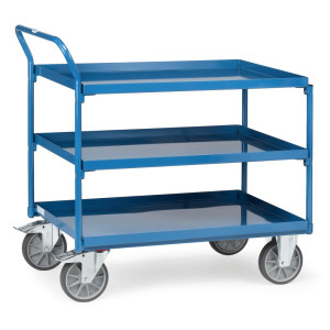 Wózek stołowy fetra® z wanienkami nieprzepuszczającymi oleju, 3 poziomy po 850 x 500 mm, pionowy kabłąk