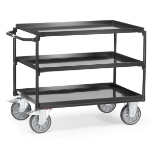 Wózek stołowy fetra® z wanienkami nieprzepuszczającymi oleju, 3 poziomy po 1000 x 700 mm, poziomy kabłąk, kolor antracytowy szary