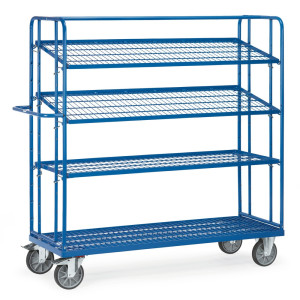 Wózek piętrowy na pojemniki euro fetra®, udźwig 500 kg, z półkami rusztowymi po 1650 × 610 mm