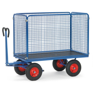 Ręczny wózek skrzyniowy fetra® ze ścianami kratowymi wys. 1000 mm powierzchnia ładunkowa 1000 x 2000 mm, udźwig 1250 kg, ogumienie pneumatyczne