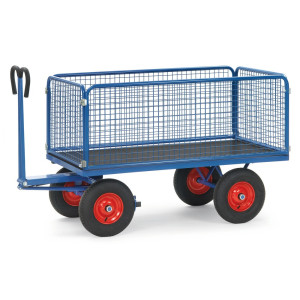 Ręczny wózek skrzyniowy fetra® ze ścianami kratowymi wys. 600 mm powierzchnia ładunkowa 900 x 1600 mm, udźwig 1000 kg, ogumienie pneumatyczne
