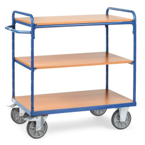 Wózek piętrowy fetra®, z drewnianymi półkami, 3 poziomy po 1 000 x 600 mm, wysokość 1 152 mm