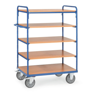 Wózek piętrowy fetra®, z drewnianymi półkami, 5 poz. po 1000 x 600 mm, wysokość 1552 mm