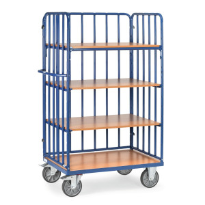 Wózek piętrowy fetra® z pionowymi podporami rurowymi, 3 ściany, 4 poz. po 1200 × 800 mm, wysokość 1800 mm