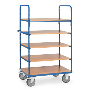 Wózek piętrowy fetra®, z drewnianymi półkami, 5 poziomów po 1 000 x 700 mm, wysokość 1 800 mm