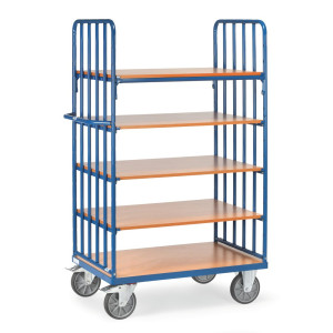 Wózek piętrowy fetra® z pionowymi podporami rurowymi, 2 ściany, 5 poz. po 1200 × 800 mm