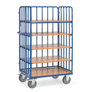 Wózek piętrowy fetra® z pionowymi podporami rurowymi, 3 ściany, 5 poz. po 1200 × 800 mm, wysokość 1800 mm