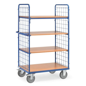 Wózek piętrowy fetra® z nieruchomymi podłogami, 2 x ściana kratowa, 4 poz. po 1200 × 800 mm