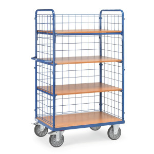 Wózek piętrowy fetra® z nieruchomymi podłogami, 3 x ściana kratowa, 4 poz. po 1000 × 700 mm