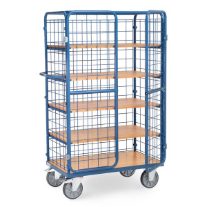 Wózek z szafką fetra®, udźwig 600 kg, ściany kratowe, z drzwiami dwuskrzydłowymi, 5 pięter o wymiarach 1000 × 600 mm